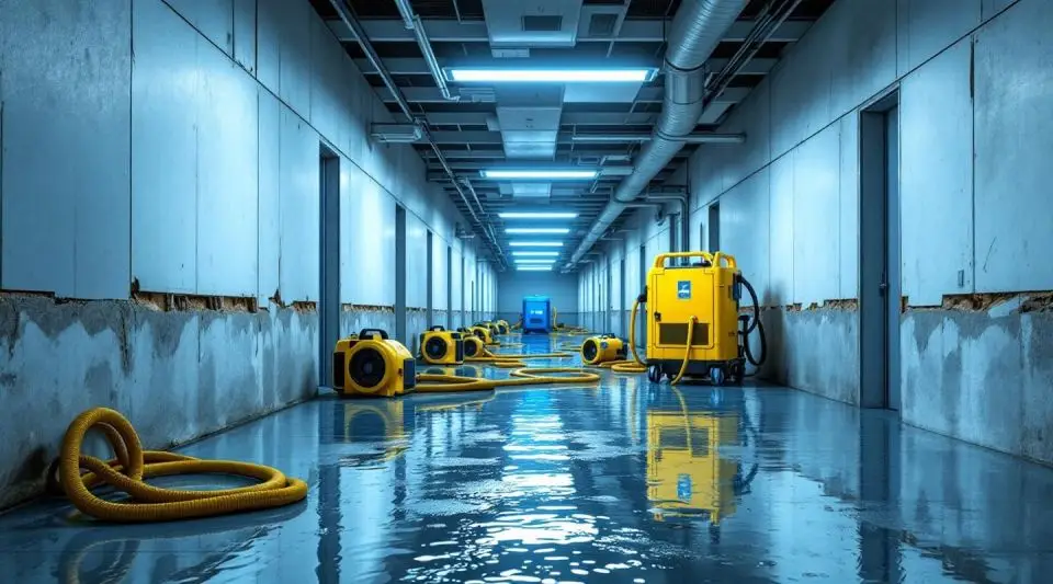 Professional restoration crew using industrial air movers and dehumidifiers in a large Grand Prairie office lobby.