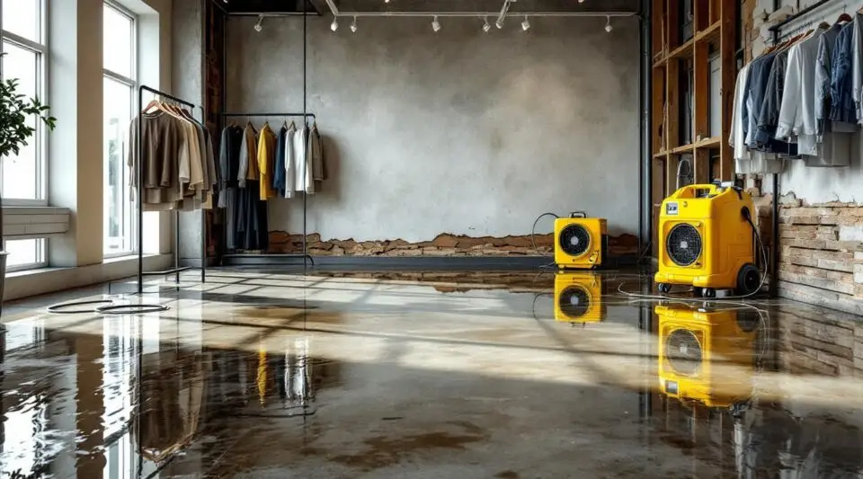 Restoration technicians using industrial water extraction equipment inside a flooded retail store in Grand Prairie.